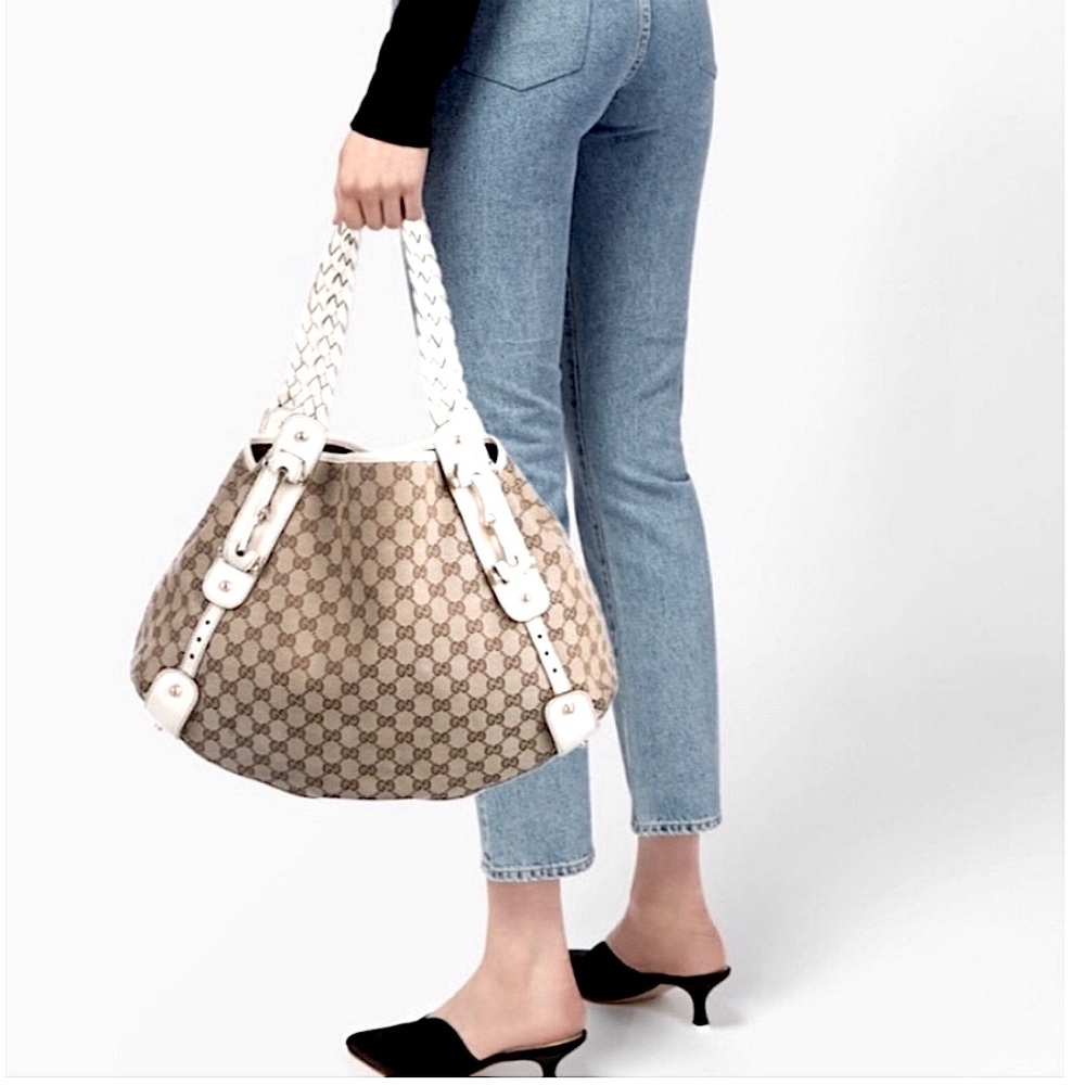 100% AUTHENTIC GUCCI PELHAM TOTE WHITE LEATHER TRIM
